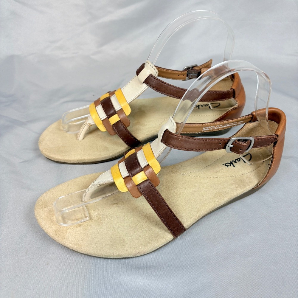 Clarks Womens Qwin Adonia 7.5 Brown Yellow Leather T Strap Gladiator Sandals - Picture 7 of 10